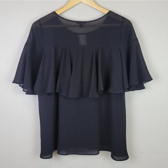 𝅺ann Taylor Ruffle Short Sleeve Blouse Black XS - Picture 4 of 10